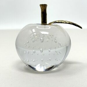 Glass Apple Paperweight with Bubbles &‎ Brass Leaf Price Products